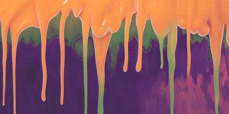 A dreamy, colorful abstract background inspired by melting wax drips. The smooth, cascading flow of deep purple, warm orange, and pastel green creates a fluid, organic, and visually stunning surreal effect.の素材