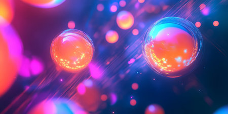 A surreal, colorful abstract background inspired by glowing energy spheres. The softly radiating orbs in neon orange, deep blue, and vibrant magenta create a mystical, sci-fi, and visually captivating environment.の素材