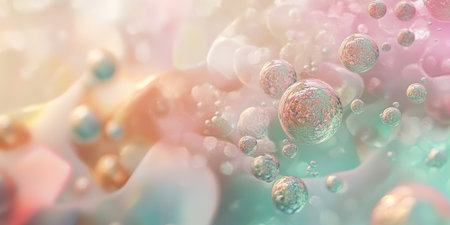 A dreamy, colorful abstract background featuring blurred, glowing orbs of light. The soft, diffused glow in pastel pink, gentle mint green, and warm golden tones creates a peaceful, ethereal, and visually captivating ambiance.の素材