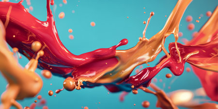 A mesmerizing, colorful abstract background featuring paint splashes frozen in midair. The high-speed fluid motion in vivid crimson, warm gold, and deep ocean blue creates a dynamic, artistic, and visually captivating scene.の素材