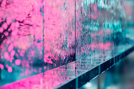 A mesmerizing, colorful abstract background inspired by holographic liquid metal. The iridescent surface in shifting shades of neon pink, electric blue, and deep emerald reflects a futuristic, high-tech aesthetic, creating a visually hypnotic and immersive atmosphere.の素材