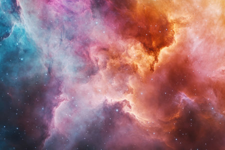 A dreamy, colorful abstract background inspired by cosmic gas clouds. The soft, swirling nebulae in pastel pink, deep cerulean, and glowing amber create a celestial, ethereal, and visually awe-inspiring scene.の素材