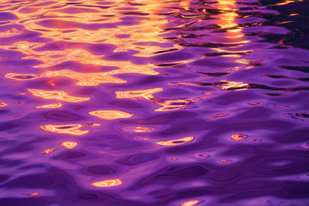 A dynamic, colorful abstract background with ripping, holographic water reflections. The liquid surface in luminous purple, glowing silver, and fiery copper creates a futuristic, mesmerizing, and visually immersive digital ocean aesthetic.の素材