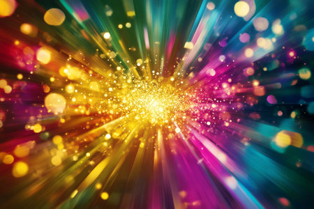 A radiant, colorful abstract background with fragmented prism reflections. The scattered, refracted light in shimmering gold, vibrant magenta, and bright cyan creates a futuristic, multi-dimensional, and visually dazzling aesthetic.の素材