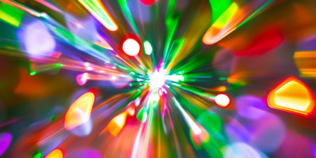 A surreal, colorful abstract background featuring a kaleidoscopic explosion of light. The intricate, refracted beams in neon green, fiery crimson, and soft lavender create a hypnotic, energetic, and visually vibrant experience.の素材