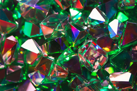 A surreal, colorful abstract background featuring glowing, crystalline structures. The faceted surfaces reflect dazzling shades of emerald green, sapphire blue, and ruby red, forming an intricate, high-tech, and otherworldly aesthetic.の素材