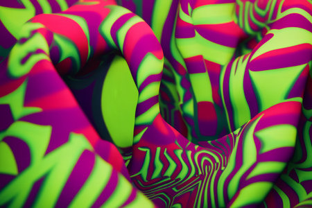 A surreal, colorful abstract background with endless, shifting kaleidoscopic patterns. The intricate, geometric symmetry in neon green, rich ruby, and luminous purple creates a psychedelic, hypnotic, and visually immersive effect.の素材