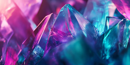 A surreal, colorful abstract background featuring iridescent crystal shards. The refracted light in bright cyan, deep emerald, and glowing magenta creates a mesmerizing, prismatic, and visually hypnotic atmosphere.の素材