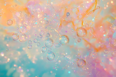 A dreamy, colorful abstract background featuring softly illuminated, floating light particles. The suspended glows in hues of gentle lilac, pale turquoise, and warm peach create a celestial, magical, and visually soothing stardust-like composition.の素材