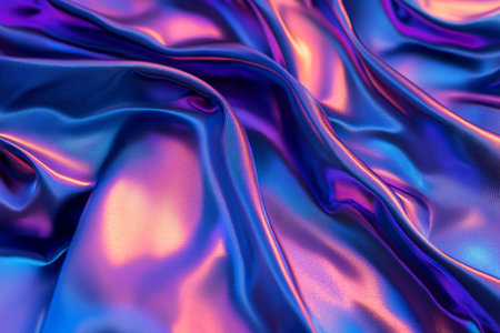 A mesmerizing holographic fabric texture background with iridescent blues, purples, and pinks. The shifting reflective surface creates a futuristic, digital-inspired look, perfect for cyberpunk, fashion-forward, and modern design applications.の素材