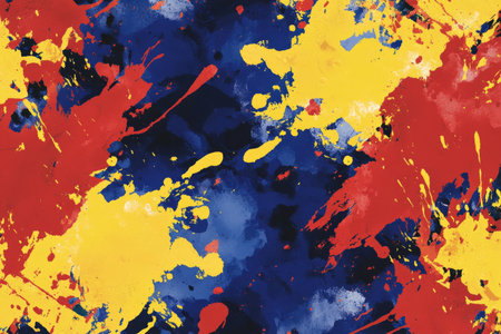 A bold, colorful abstract background inspired by energetic festival paint splashes. The explosive bursts in fiery red, glowing yellow, and deep blue create a lively, artistic, and visually dynamic effect full of vibrant energy and motion.の素材