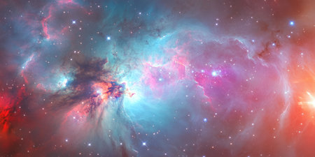 A surreal, colorful abstract background inspired by interstellar gas clouds. The luminous, celestial formations in glowing turquoise, fiery red, and pastel lavender create a cosmic, ethereal, and visually stunning composition.の素材