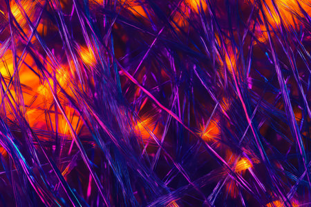 A futuristic, colorful abstract background inspired by fiber optic lights. The glowing strands of electric purple, radiant orange, and deep indigo crisscross dynamically, forming a sleek and high-tech composition.の素材
