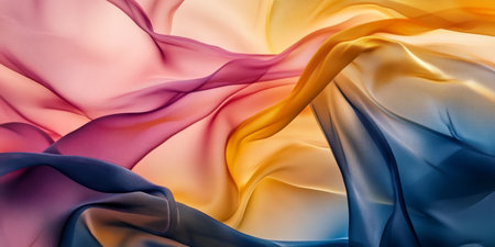 A radiant, colorful abstract background with flowing, translucent silk waves. The silky, cascading folds in soft pink, electric yellow, and rich indigo create a luxurious, elegant, and visually soothing composition.の素材