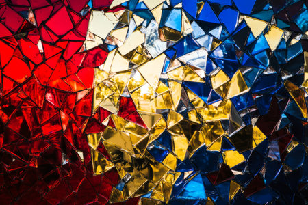 A dynamic, colorful abstract background inspired by shattered glass reflections. The fragmented, refracted light in vibrant red, cobalt blue, and warm gold creates a futuristic, high-energy, and visually stunning effect.の素材