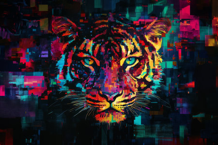 A bold, colorful abstract background featuring glitch aesthetics. Distorted pixels, chromatic aberrations, and static noise create an edgy, futuristic look. Vivid RGB colors contrast against a dark digital void, giving an immersive cyberpunk vibe.の素材