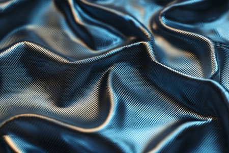 A futuristic metallic fabric texture background with reflective silver threads interwoven with neon blue highlights. The sleek, high-tech aesthetic conveys a sci-fi cyberpunk feel, ideal for modern digital textile concepts.の素材