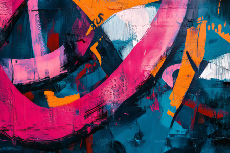 A bold, colorful abstract background with high-energy graffiti textures. The rough, expressive brush strokes in neon pink, deep blue, and fiery red create a street-art-inspired, urban, and visually dynamic composition full of raw emotion.の素材