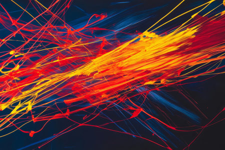 A high-energy, colorful abstract background inspired by fast-moving light trails. The streaks of electric red, neon yellow, and deep indigo create a dynamic, futuristic, and visually exhilarating motion blur effect.の素材