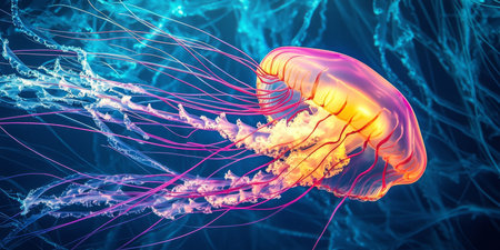 A dreamy, colorful abstract background inspired by luminescent jellyfish trails. The bioluminescent, glowing tendrils in neon pink, deep teal, and bright orange create an underwater, ethereal, and visually mesmerizing composition.の素材