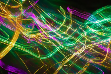 A surreal, colorful abstract background inspired by aurora borealis. The flowing, celestial light trails in neon green, deep violet, and shimmering gold create a dreamy, cosmic, and visually breathtaking experience.の素材