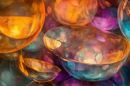 A mesmerizing, colorful abstract background featuring layered translucent orbs. The glowing spheres in radiant cyan, deep violet, and golden orange create a dreamy, floating, and visually immersive composition filled with depth and dimension.の素材