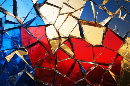 A dynamic, colorful abstract background inspired by shattered glass reflections. The fragmented, refracted light in vibrant red, cobalt blue, and warm gold creates a futuristic, high-energy, and visually stunning effect.の素材