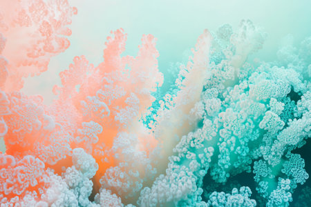 A dreamy, colorful abstract background resembling an underwater coral reef. The intricate organic formations glow in soft pastel shades of peach, sky blue, and mint green, forming a tranquil and mysterious deep-sea atmosphere.の素材