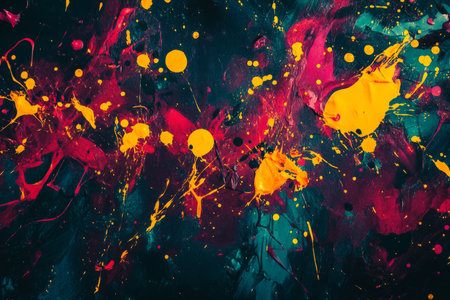 A bold, colorful abstract background featuring chaotic splashes of bright, neon paint. The expressive, high-energy splatters in crimson, electric yellow, and deep teal create a vibrant, artistic, and visually striking explosion of color.の素材