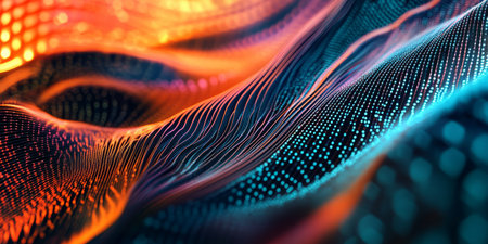 A futuristic, colorful abstract background showing dynamic, swirling data streams. The luminous, flowing patterns in neon orange, deep emerald, and bright cyan create a digital, high-tech, and visually immersive virtual effect.の素材