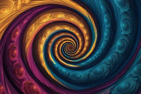 A surreal, colorful abstract background inspired by fractal patterns. The infinitely repeating spirals of vibrant turquoise, golden amber, and rich magenta form a hypnotic, complex, and mathematically precise visual masterpiece.の素材