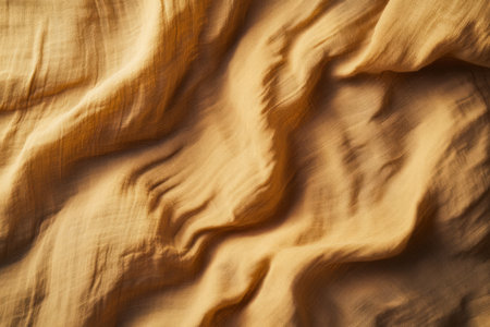 A soft, organic muslin fabric texture background in warm beige. The fine, loosely woven fibers create a breathable, lightweight aesthetic, often associated with baby textiles, eco-conscious fashion, and natural design themes.の素材