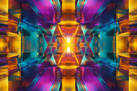 A surreal, colorful abstract background with infinite mirrored reflections. The complex, geometric shapes in radiant violet, neon cyan, and golden amber create a visually endless, dynamic, and mind-bending illusion.の素材