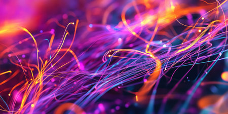 A radiant, colorful abstract background inspired by glowing fiber optic strands. The intricate, intertwined lines in neon teal, bright violet, and deep amber create a high-tech, digital, and visually immersive futuristic aesthetic.の素材