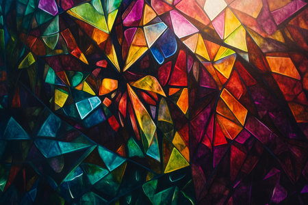 A radiant, colorful abstract background inspired by stained glass. Intricate geometric patterns filled with vibrant hues of ruby, sapphire, and emerald shimmer as if illuminated by a mystical light source, evoking a sense of elegance.の素材