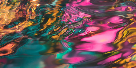 A flowing, colorful abstract background resembling oil on water. The iridescent ripples shift between electric pink, deep emerald, and radiant cyan, creating a hypnotic, reflective effect full of depth and motion.の素材