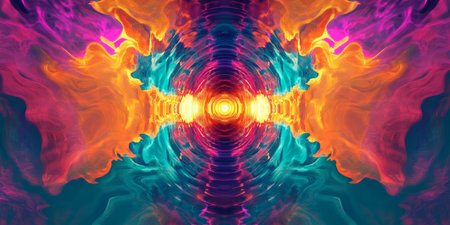 A bold, colorful abstract background featuring hypnotic, radiating waves. The rhythmic, pulsing curves in neon teal, deep magenta, and bright orange create a futuristic, energetic, and visually dynamic aesthetic.の素材