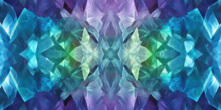 A surreal, colorful abstract background inspired by crystal refractions. The prismatic, faceted surfaces reflect a stunning array of sapphire blue, emerald green, and radiant purple, forming a dazzling, multi-dimensional, and visually intricate pattern.の素材