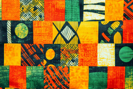 A vibrant African wax print fabric texture background with bold geometric patterns in bright orange, green, and yellow. The intricate, cultural designs make it perfect for ethnic, artisan, and handcrafted textile compositions.の素材