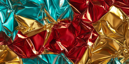 A vibrant, colorful abstract background of layered, crumpled metallic textures. The reflective surfaces shimmer in hues of bold red, luminous gold, and deep turquoise, forming a visually rich, luxurious aesthetic.の素材