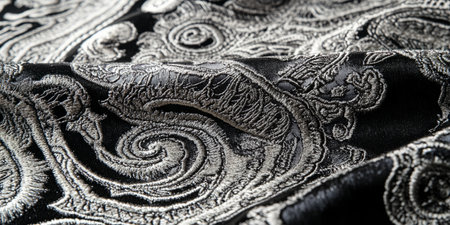 A sophisticated jacquard fabric texture background with intricate paisley patterns in silver and black. The raised woven design and elegant motifs create a luxurious, ornate, and decorative textile aesthetic.の素材