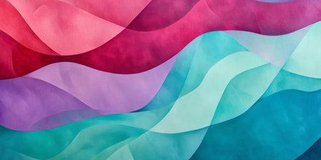 A mesmerizing, colorful abstract background featuring smoothly curved, layered waves. The organic, undulating forms in warm crimson, soft teal, and bright lilac create a flowing, elegant, and visually soothing composition.の素材