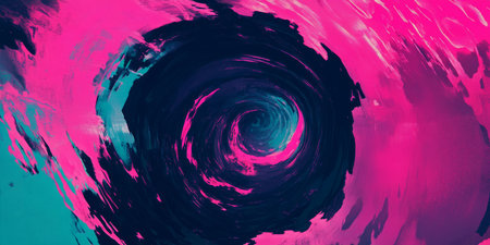 A bold, colorful abstract background with a hypnotic, swirling vortex of neon light trails. The spinning motion of hot pink, electric teal, and deep violet hues creates a futuristic and energetic visual impact.の素材