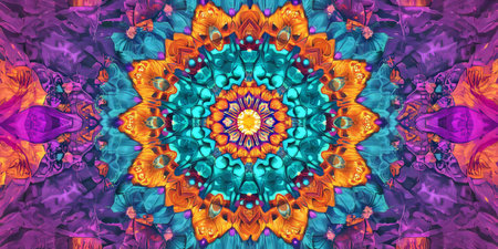 A bold, colorful abstract background featuring intricate, kaleidoscopic mandala patterns. The symmetrical, highly detailed designs in bright teal, fiery orange, and deep violet create a mesmerizing, artistic, and visually enchanting geometric composition.の素材