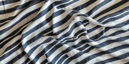 A classic striped ticking fabric texture background in navy blue and white. The tightly woven cotton with parallel stripes gives a timeless, coastal aesthetic, ideal for nautical, vintage, and home decor applications.の素材