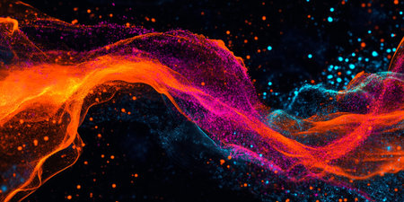 A dynamic, colorful abstract background with glowing particle trails. The energetic motion in bright orange, cool aquamarine, and neon fuchsia creates a futuristic, high-speed, and visually mesmerizing effect.の素材
