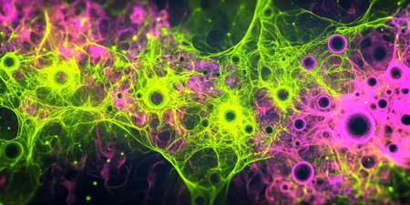 A mesmerizing, colorful abstract background inspired by microscopic cellular structures. The organic, glowing shapes in bright lime green, neon violet, and radiant pink create a scientific, otherworldly, and visually detailed aesthetic.の素材
