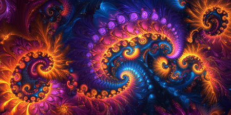 A radiant, colorful abstract background with spiraling light tunnels. The glowing vortexes in deep blue, electric orange, and vibrant magenta create a futuristic, sci-fi, and visually hypnotic design.の素材