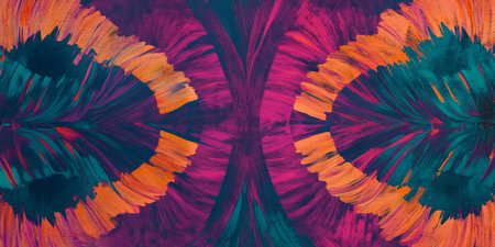 A bold, colorful abstract background featuring hypnotic, radiating waveforms. The rhythmic, pulsing curves in neon teal, deep magenta, and bright orange create a futuristic, energetic, and visually dynamic composition.の素材