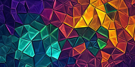 A bold, colorful abstract background inspired by stained glass mosaics. The intricate, geometric patterns in deep emerald, glowing amber, and vibrant violet create a rich, artistic, and visually captivating atmosphere.の素材
